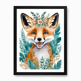 Floral Cute Fox Watercolor (2) Art Print