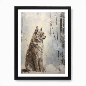 Vintage Winter Animal Painting Lynx Art Print