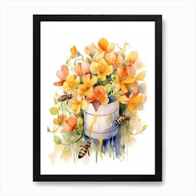 Beehive With Freesia Watercolour Illustration 4 Art Print