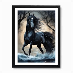 Black Horse In The Water 2 Art Print