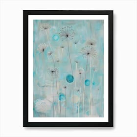 Nature's Ballet: Dandelion Seeds Dancing in a Soft Blue Light 1 Art Print