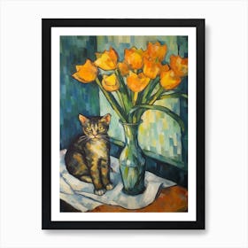 Flower Vase Daffodils With A Cat 4 Impressionism, Cezanne Style Art Print