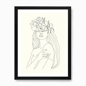 Woman With Flowers In Her Hair Monoline Hand Drawing Aesthetic Illustration Art Print