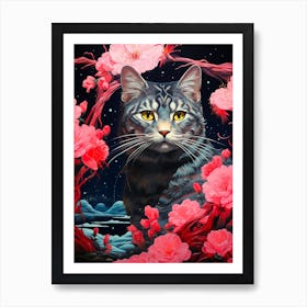 Cat In Cherry Blossoms Art Print