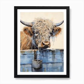 Chalk Blue Highland Cow Illustration Art Print