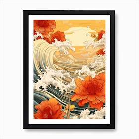 Great Wave With Daffodil Flower Drawing In The Style Of Ukiyo E 2 Art Print