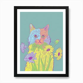 Cute Fluffy Cat With Flowers Illustration 4 Art Print