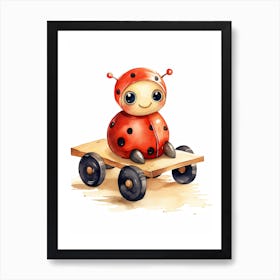 Baby Ladybug On A Toy Car, Watercolour Nursery 2 Art Print