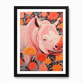 Floral Abstract Orange Linocut Inspired Rhino 1 Art Print