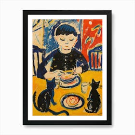 Portrait Of A Boy With Cats Having Dinner 3 Art Print