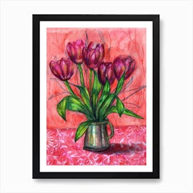 Pink On Red Tulips Art Print