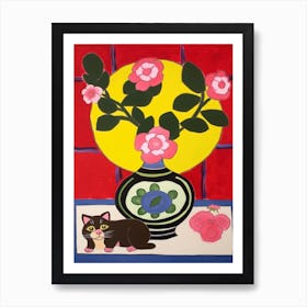 A Painting Of A Still Life Of A Camellia With A Cat In The Style Of Matisse  2 Art Print