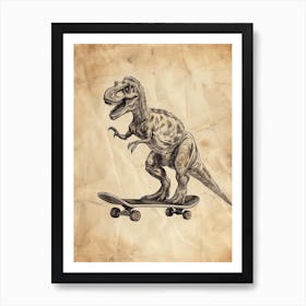 Vintage Utahraptor Dinosaur On A Skateboard 1 Art Print