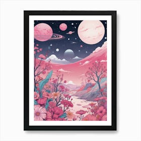 Pink Planets And Flowers Art Print