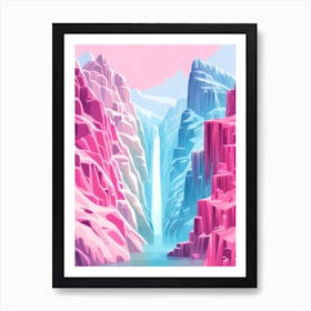 Bright Pink Blue Mystical Magical Lake Waterfall In Mountains Art Print