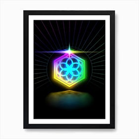 Neon Geometric Glyph in Candy Blue and Pink with Rainbow Sparkle on Black n.0218 Art Print
