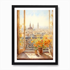 Window View Of Barcelona Spain In Autumn Fall, Watercolour 2 Art Print