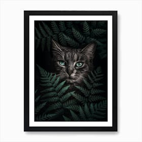 Green Eyes Cat With Ferns Art Print