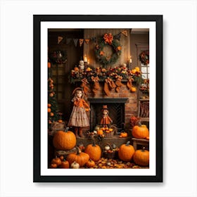 Autumn Decor Layout Integrates Thanksgiving And Halloween Themes Spooky Pumpkins Nestled Between C Art Print