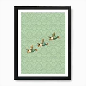 3 Ducks On A Wall With Green Baroque Wallpaper Art Print