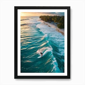 Capture An Aerial Perspective Of A Daring Surfer Confidently Riding The Islands Largest Wave On A S (3) Art Print