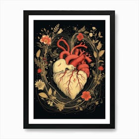 Black Background  Anatomical Folky Heart Art Print