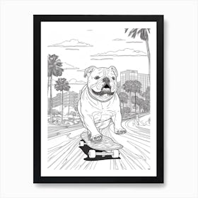 English Bulldog Dog Skateboarding Line Art 4 Art Print