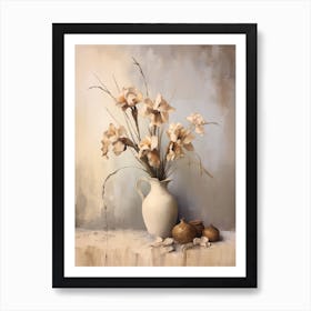 Iris, Autumn Fall Flowers Sitting In A White Vase, Farmhouse Style 1 Art Print