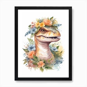 Velociraptor With A Crown Of Flowers Cute Dinosaur Watercolour 2 Art Print