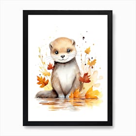 An Otter Watercolour In Autumn Colours Art Print