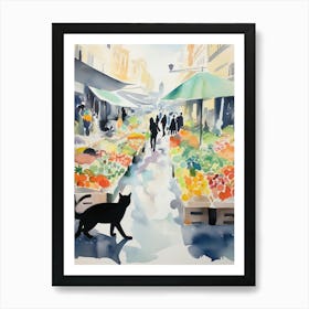 Food Market With Cats In Paris 2 Watercolour Art Print