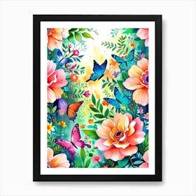 Floral Pattern With Butterflies Art Print