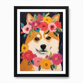 Shiba Inu Portrait With A Flower Crown, Matisse Painting Style 1 Art Print