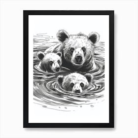 Malayan Sun Bear Family Swimming In A River Ink Illustration 3 Art Print