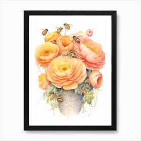 Beehive With Ranunculus Watercolour Illustration 1 Art Print