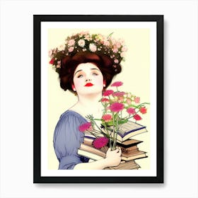 Librarian Woman Flowers Lady Books Reading Reader Writer Pretty Voluptuous Female Lipstick Romantic Vintage Art Print