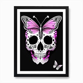 Skull With Butterfly Motifs Pink Doodle Art Print