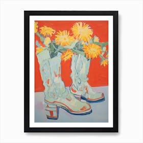 A Painting Of Cowboy Boots With Yellow Flowers, Pop Art Style 3 Art Print