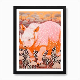 Linocut Inspired Pink Orange & Yellow Rhino  3 Art Print