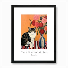 Cats & Flowers Collection Carnation Flower Vase And A Cat, A Painting In The Style Of Matisse 2 Art Print