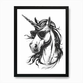 Unicorn In Sunglasses Black & White Illustration 3 Art Print