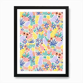 Rabbits Playing in Flower Garden Meadow Pastel Colors Art Print