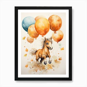 Horse Flying With Autumn Fall Pumpkins And Balloons Watercolour Nursery 2 Art Print
