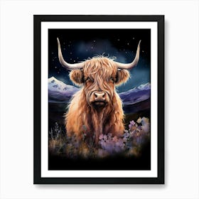 Watercolour Of Highland Cow At Night 3 Art Print