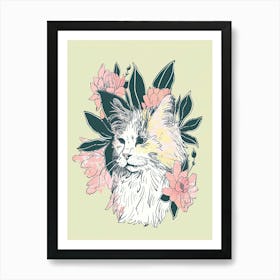 Cute Norwegian Cat With Flowers Illustration 1 Art Print