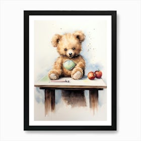 Table Tennis Teddy Bear Painting Watercolour 3 Art Print