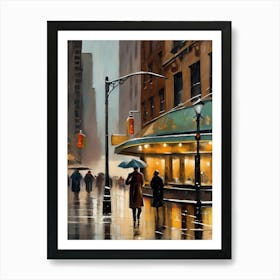 New York City, rain falling, city cafes, passing by, winter, vintage oil colors.4 Art Print