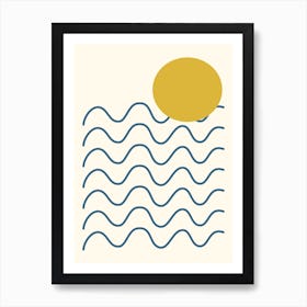 Minimalist Abstract Sun and Waves in Blue and Yellow Art Print