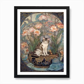 Lotus With A Cat 4 Art Nouveau Style Art Print