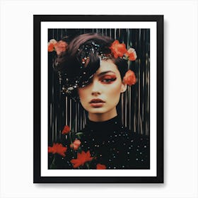 cosmic portrait of a woman with flowers stars on black background Art Print